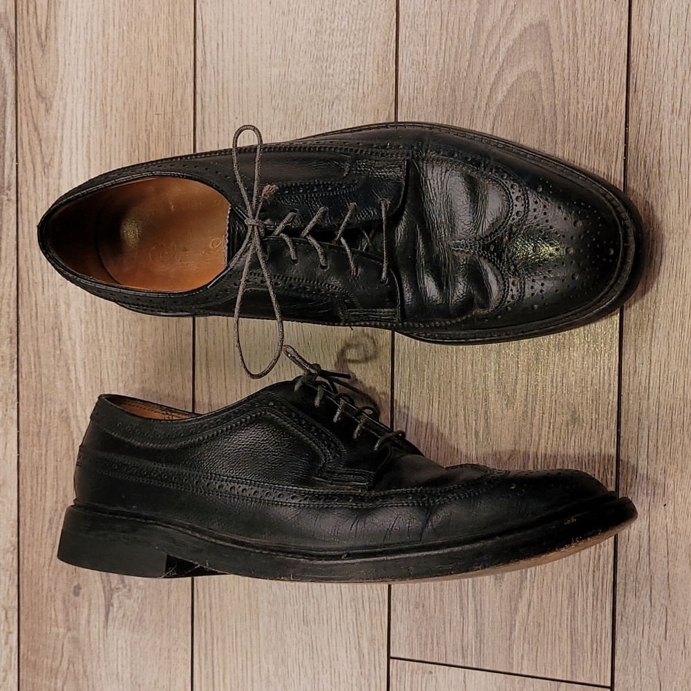 FLORSHEIM Imperial Black Leather Long Wing Tip Sz 8 D Mens Dress Shoes VTG